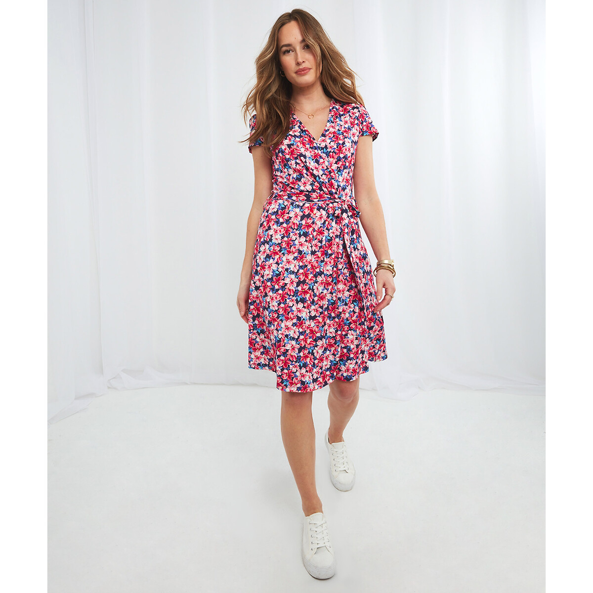 Floral wrapover mini dress with tie ...